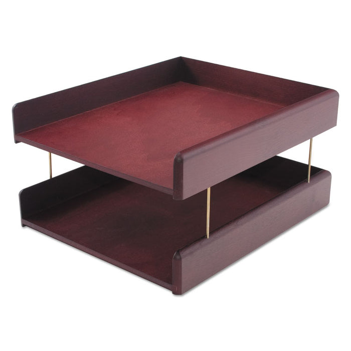Hardwood Double Desk Tray, 2 Sections, Letter Size Files, 10.25" x 12.25" x 5.88", Mahogany