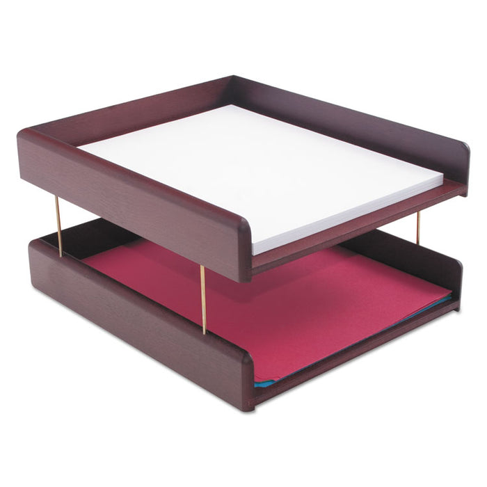 Hardwood Double Desk Tray, 2 Sections, Letter Size Files, 10.25" x 12.25" x 5.88", Mahogany