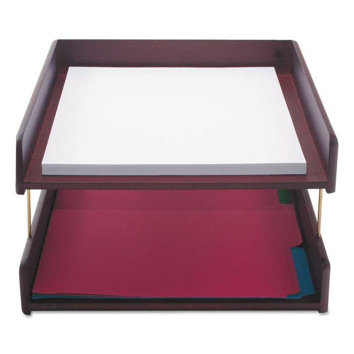 Hardwood Double Desk Tray, 2 Sections, Letter Size Files, 10.25" x 12.25" x 5.88", Mahogany