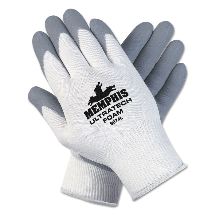 Ultra Tech Foam Seamless Nylon Knit Gloves, Large, White/Gray, 12 Pair/Dozen