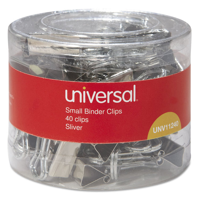 Binder Clips with Storage Tub, Small, Silver, 40/Pack