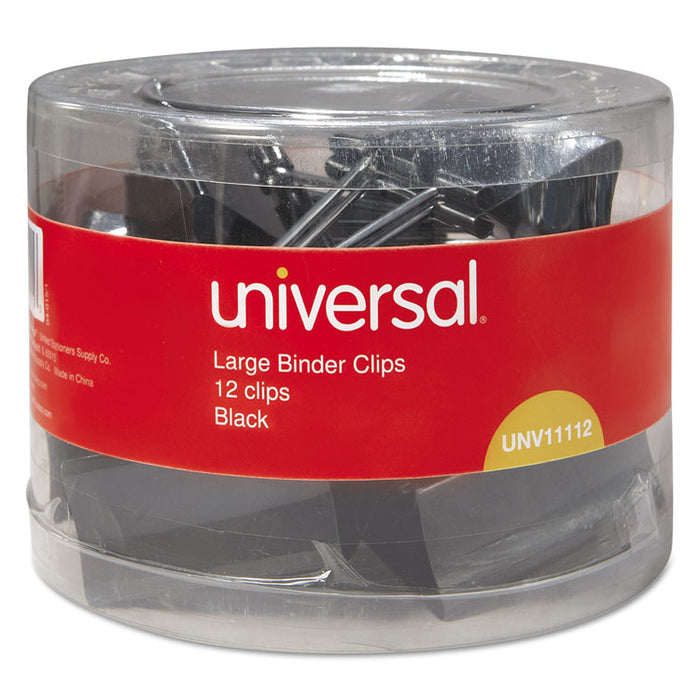 Binder Clips with Storage Tub, Large, Black/Silver, 12/Pack