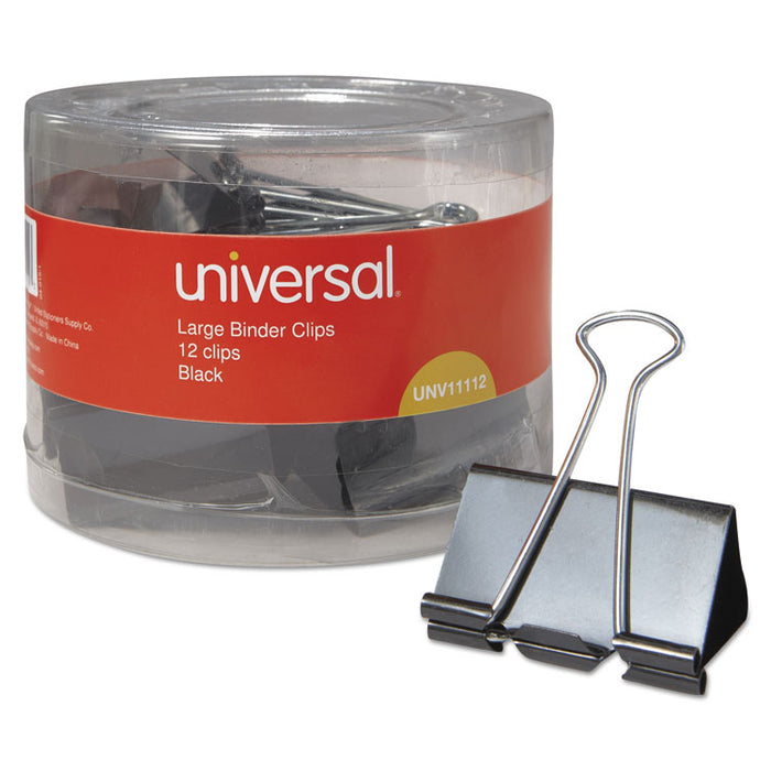 Binder Clips with Storage Tub, Large, Black/Silver, 12/Pack