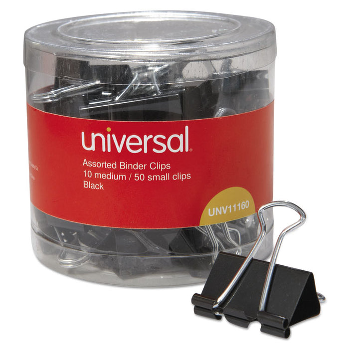 Binder Clips with Storage Tub, (50) Small (0.75"), (10) Medium (1.25"), Black/Silver
