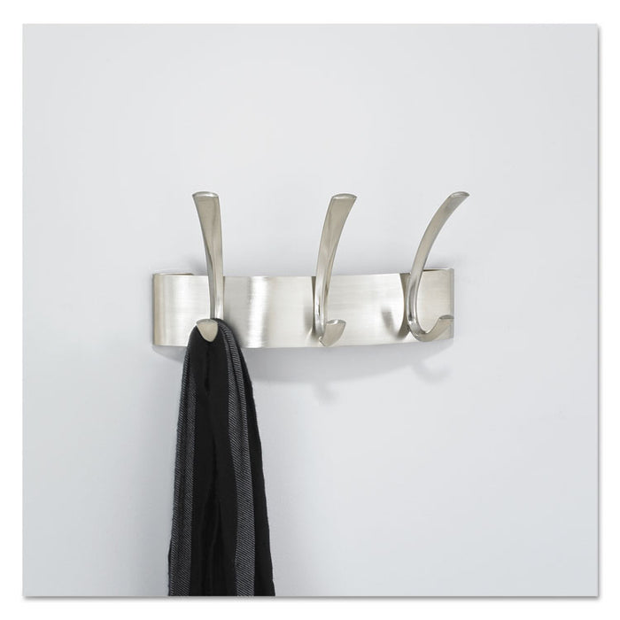 Metal Coat Rack, Steel, Wall Rack, Three Hook, 10.75w x 4.5d x 5.25h, Brushed Nickel