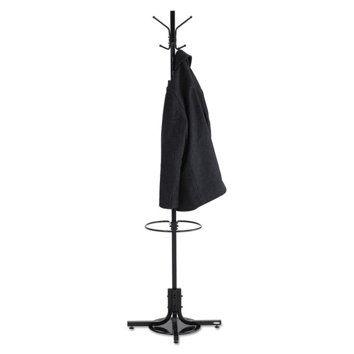 Metal Costumer with Umbrella Holder, Four Ball-Tipped Double-Hooks, 21w x 21d x 70h, Black