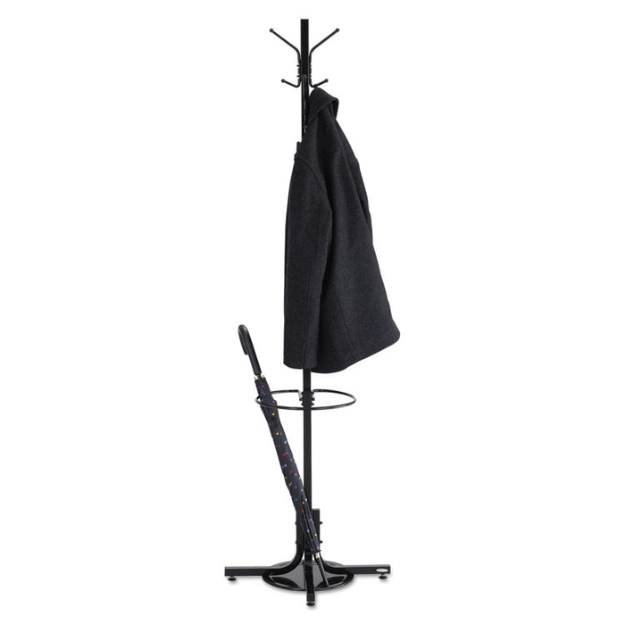 Metal Costumer with Umbrella Holder, Four Ball-Tipped Double-Hooks, 21w x 21d x 70h, Black