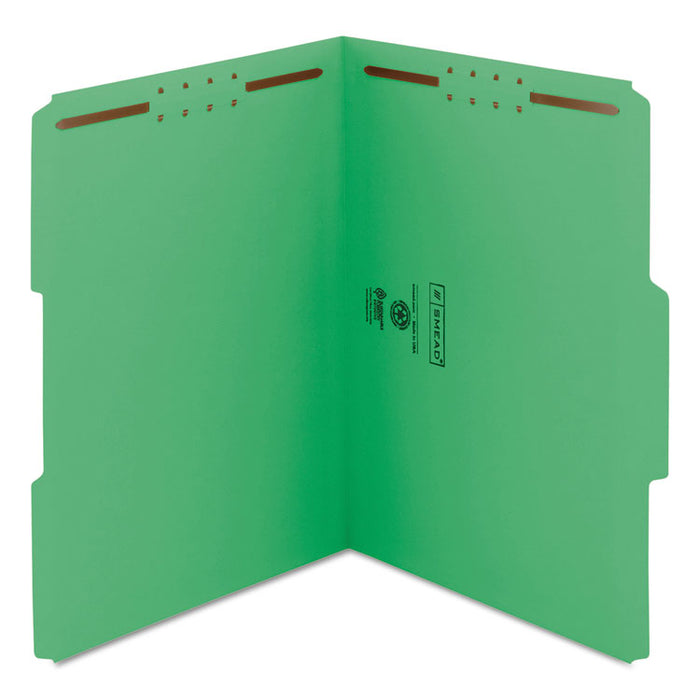 WaterShed CutLess Reinforced Top Tab Fastener Folders, 2 Fasteners, Letter Size, Green Exterior, 50/Box