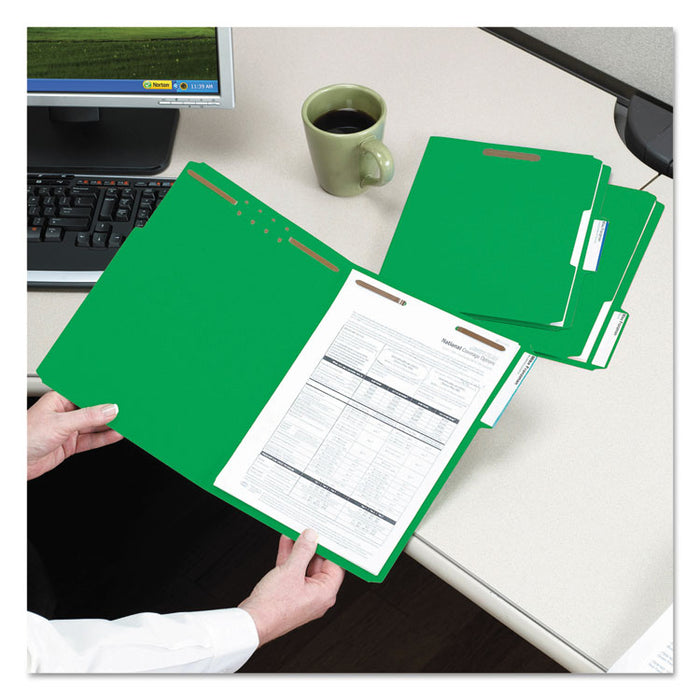 WaterShed CutLess Reinforced Top Tab Fastener Folders, 2 Fasteners, Letter Size, Green Exterior, 50/Box