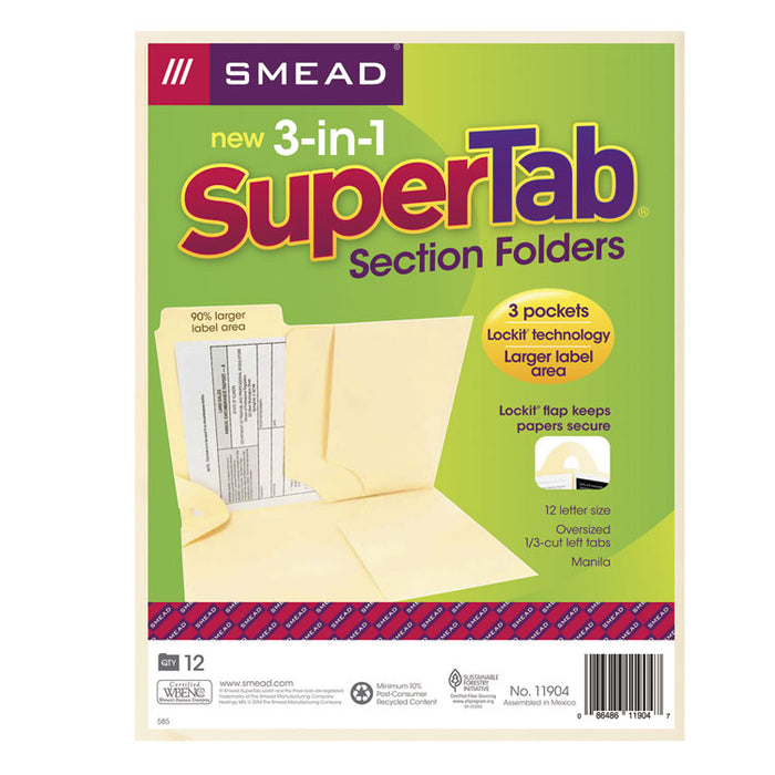 3-in-1 SuperTab Section Folders, 1/3-Cut Tabs, Left Position, Letter Size, Manila, 12/Pack