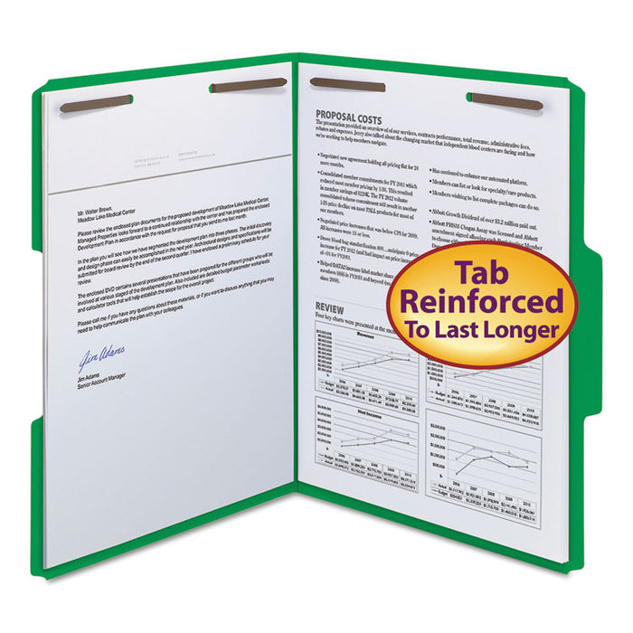 WaterShed CutLess Reinforced Top Tab Fastener Folders, 2 Fasteners, Letter Size, Green Exterior, 50/Box
