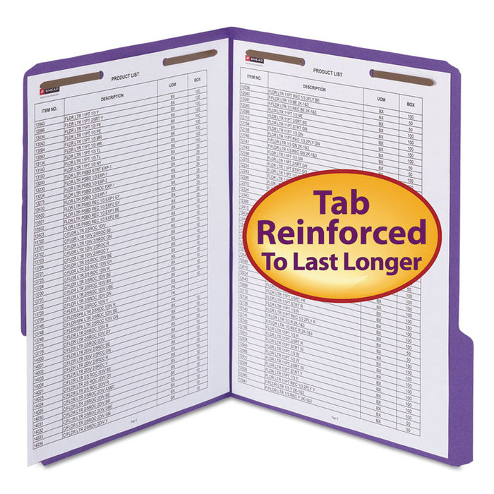 WaterShed CutLess Reinforced Top Tab Fastener Folders, 2 Fasteners, Letter Size, Purple Exterior, 50/Box