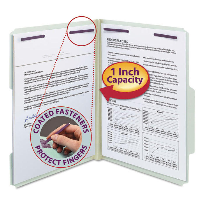 Recycled Pressboard Folders with Two SafeSHIELD Coated Fasteners, 2" Expansion, 2/5-Cut: R of C, Letter, Gray-Green, 25/Box