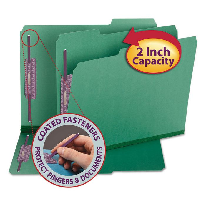 Colored Pressboard Fastener Folders with SafeSHIELD Coated Fasteners, 2 Fasteners, Letter Size, Green Exterior, 25/Box