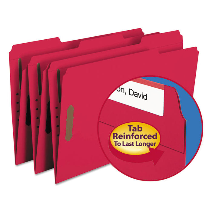Top Tab Colored Fastener Folders, 2 Fasteners, Legal Size, Red Exterior, 50/Box