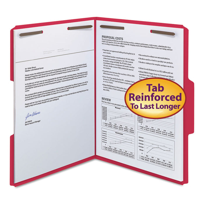 WaterShed CutLess Reinforced Top Tab Fastener Folders, 2 Fasteners, Letter Size, Red Exterior, 50/Box