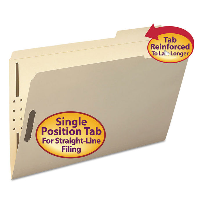 Top Tab Fastener Folders, 1/3-Cut Tabs: Right, 2 Fasteners, Legal Size, 11-pt Manila Exterior, 50/Box