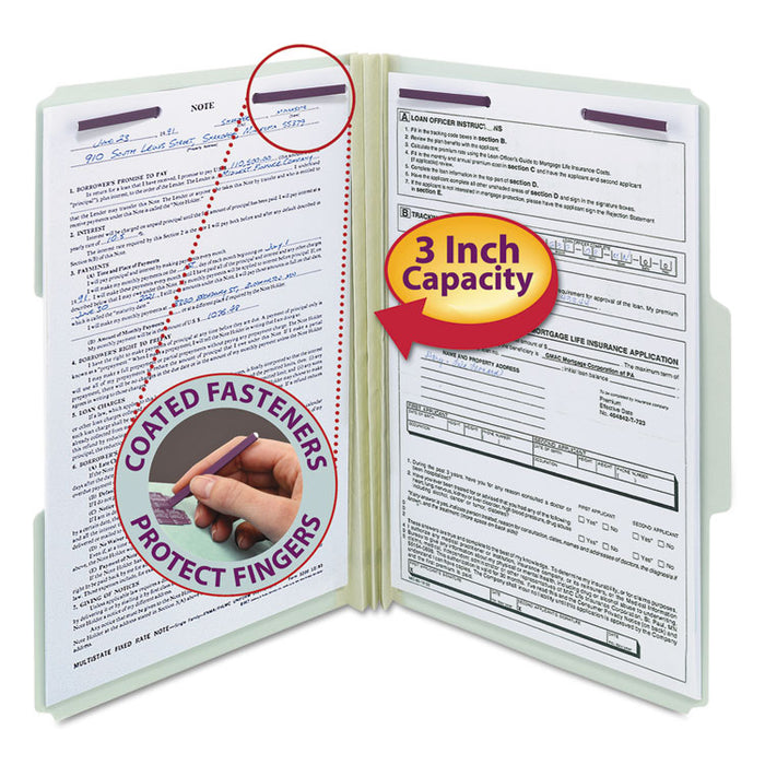 Recycled Pressboard Folders with Two SafeSHIELD Coated Fasteners, 3" Expansion, 1/3-Cut Tabs, Legal Size, Gray-Green, 25/Box