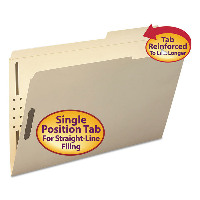 Top Tab Fastener Folders, Guide-Height 2/5-Cut Tabs: Right of Center, 2 Fasteners, Legal Size, 11-pt Manila Exterior, 50/Box