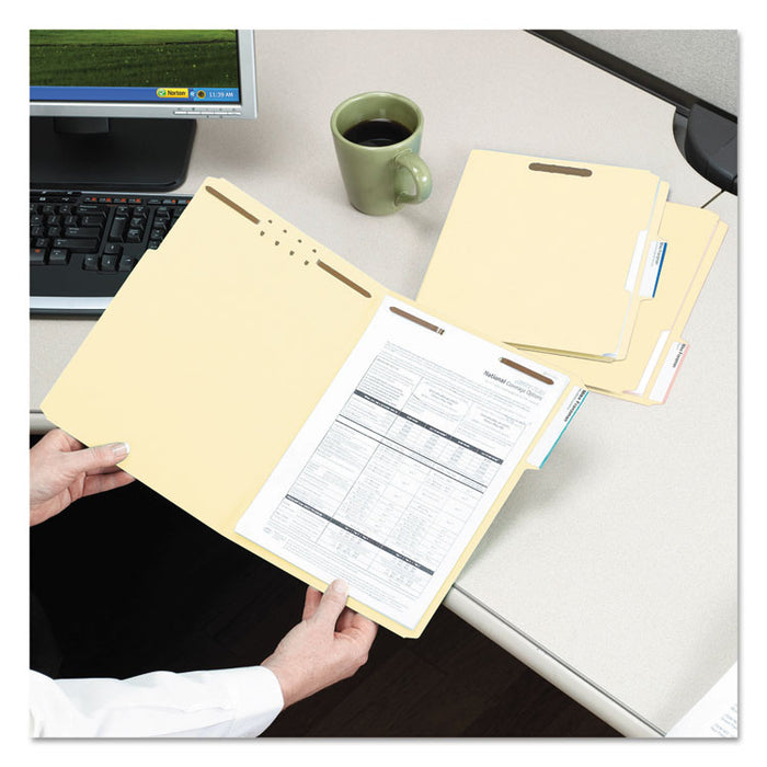 Top Tab Fastener Folders, Guide-Height 2/5-Cut Tabs: Right of Center, 2 Fasteners, Legal Size, 11-pt Manila Exterior, 50/Box