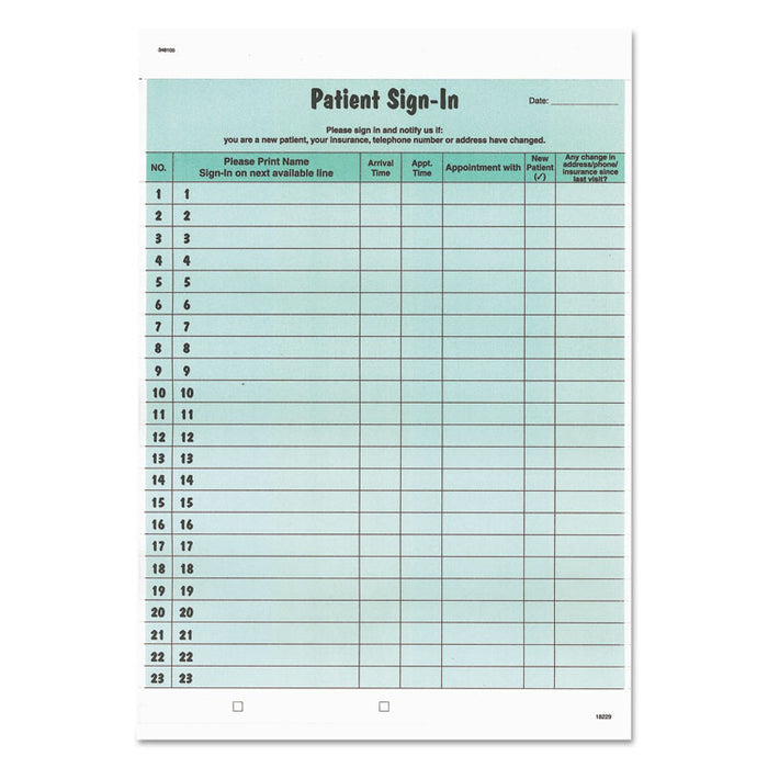 Patient Sign-In Label Forms, Two-Part Carbon, 8.5 x 11.63, Green, 1/Page, 125 Forms
