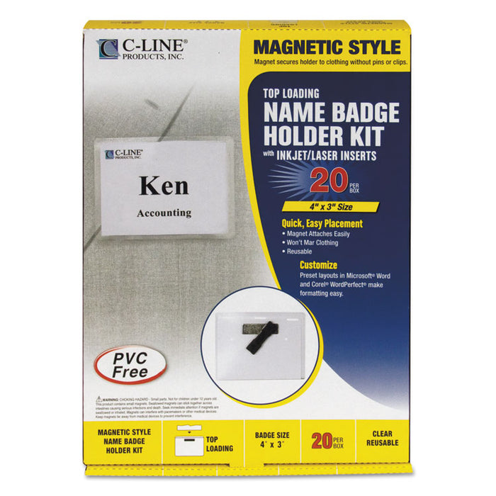 Magnetic Name Badge Holder Kit, Horizontal, 4w x 3h, Clear, 20/Box