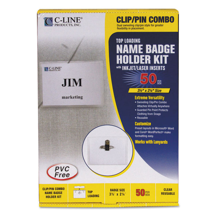 Name Badge Kits, Top Load, 3 1/2 x 2 1/4, Clear, Combo Clip/Pin, 50/Box