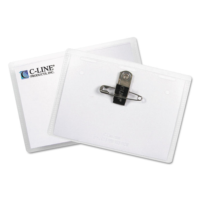 Name Badge Kits, Top Load, 3 1/2 x 2 1/4, Clear, Combo Clip/Pin, 50/Box