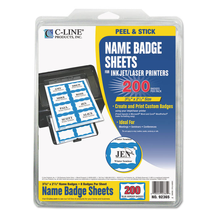 Laser Printer Name Badges, 3 3/8 x 2 1/3, White/Blue, 200/Box