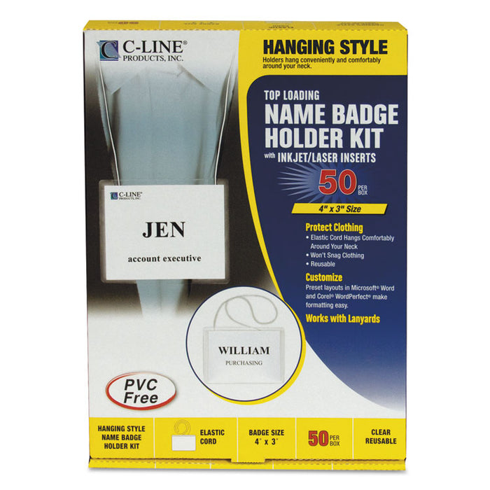 Name Badge Kits, Top Load, 4 x 3, Clear, Elastic Cord, 50/Box