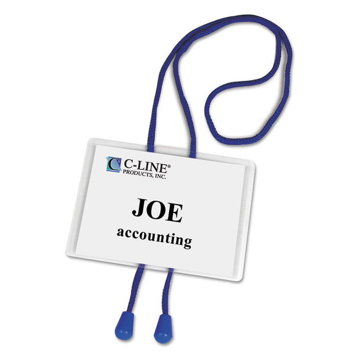 Name Badge Kits, Top Load, 4 x 3, White, Blue Bolo Cord, 25/Box
