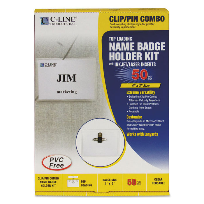 Name Badge Kits, Top Load, 4 x 3, Clear, Combo Clip/Pin, 50/Box