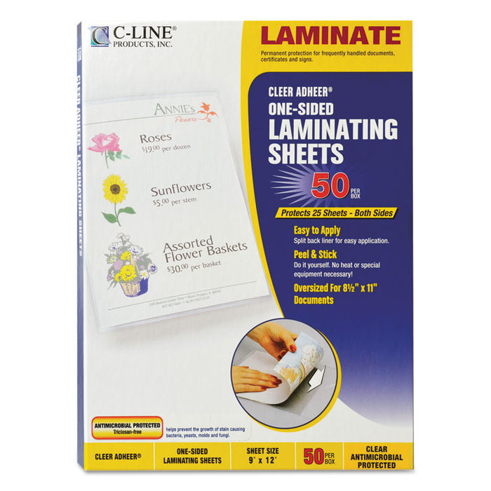 Cleer Adheer Self-Adhesive Laminating Film, 3 mil, 9" x 12", Gloss Clear, 50/Box