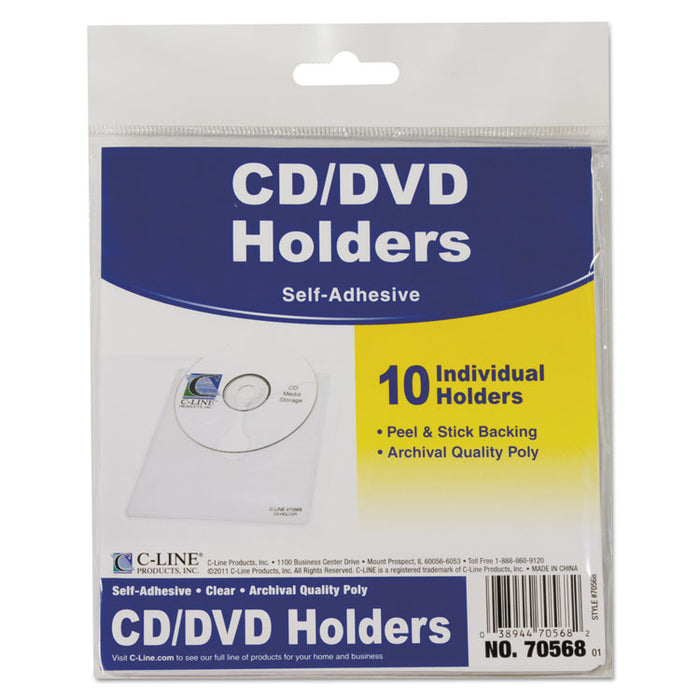 Self-Adhesive CD Holder, 1 Disc Capacity, Clear, 10/Pack