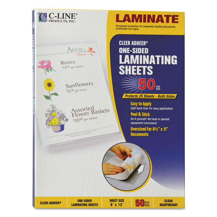 Cleer Adheer Self-Adhesive Laminating Film, 2 mil, 9" x 12", Gloss Clear, 50/Box