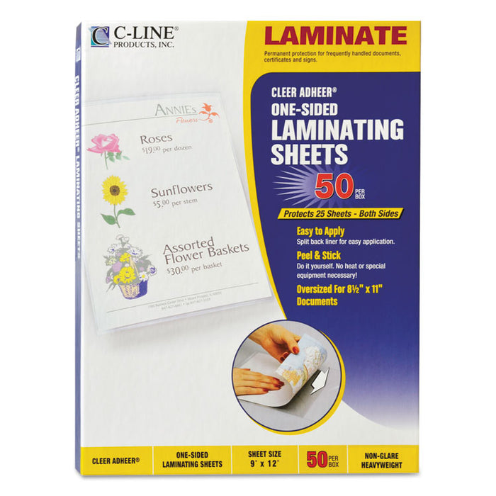 Cleer Adheer Self-Adhesive Laminating Film, 2 mil, 9" x 12", Non-Glare Clear, 50/Box