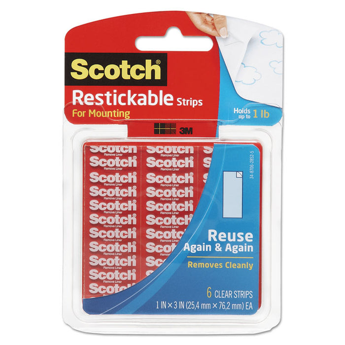 Restickable Mounting Tabs, Removable, Holds Up to 1 lb, 1 x 3, Clear, 6/Pack