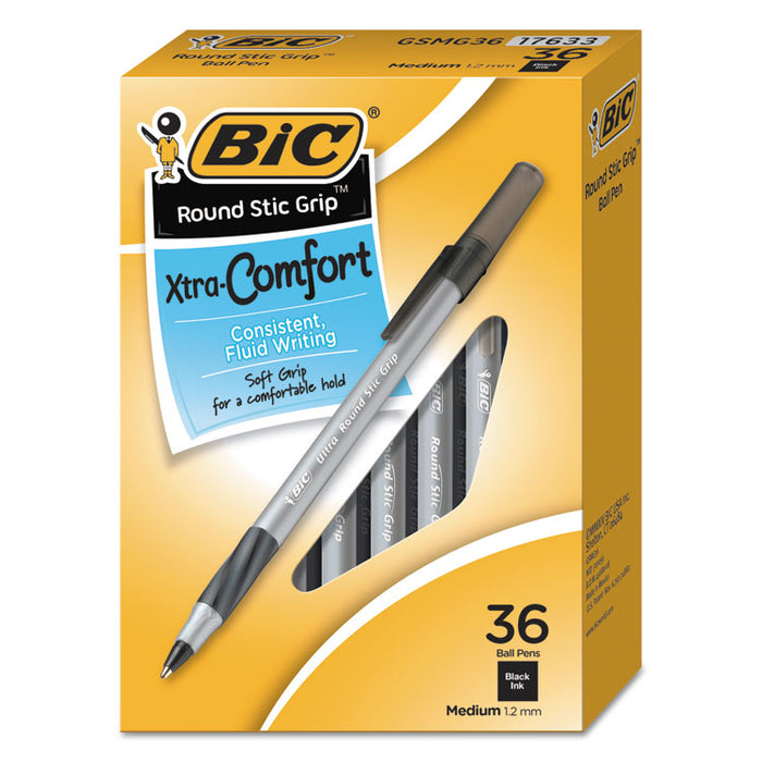 Round Stic Grip Xtra Comfort Ballpoint Pen Value Pack, Easy-Glide, Stick, Medium 1.2 mm, Black Ink, Gray/Black Barrel, 36/PK