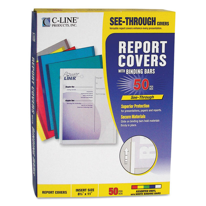 Vinyl Report Covers, 0.13" Capacity, 8.5 x 11, Clear/Assorted, 50/Box