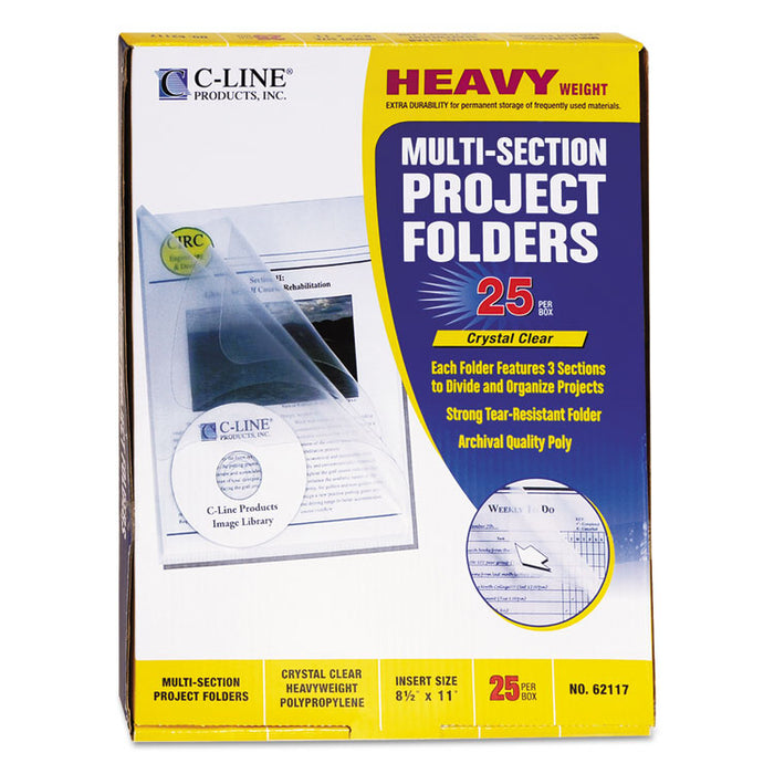 Multi-Section Project Folders w/ Clear Dividers, 3-Sections, 1/3-Cut Tab, Letter Size, Clear, 25/Box