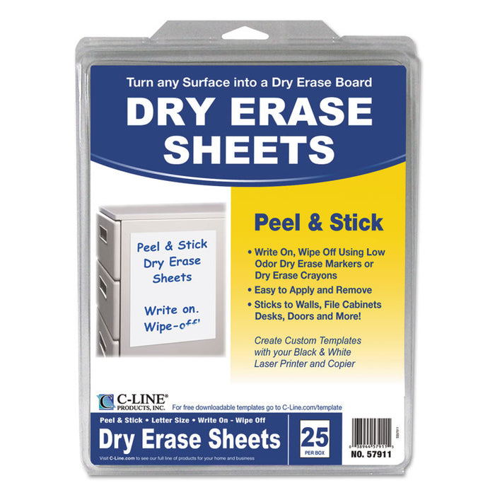 Peel and Stick Dry Erase Sheets, 8 1/2 x 11, White, 25 Sheets/Box