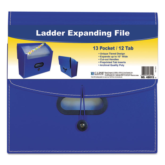 13-Pocket Ladder Expanding File, 10" Expansion, 13 Sections, 1/13-Cut Tab, Letter Size, Blue