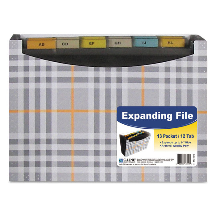 13-Pocket Expanding File, 9.25" Expansion, 13 Sections, 1/13-Cut Tab, Letter Size, Plaid