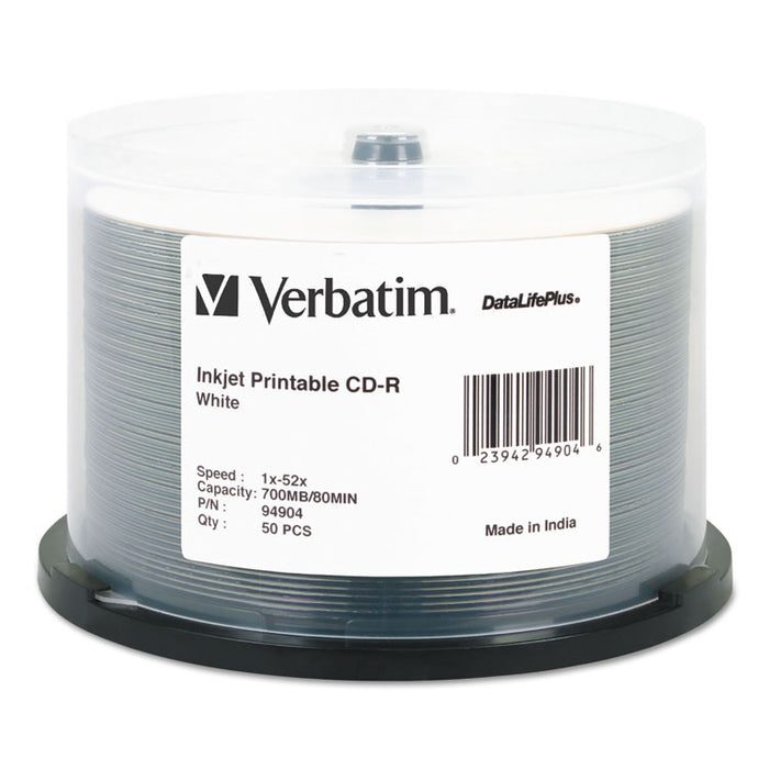 CD-R Discs, Printable, 700MB/80min, 52x, Spindle, White, 50/Pack