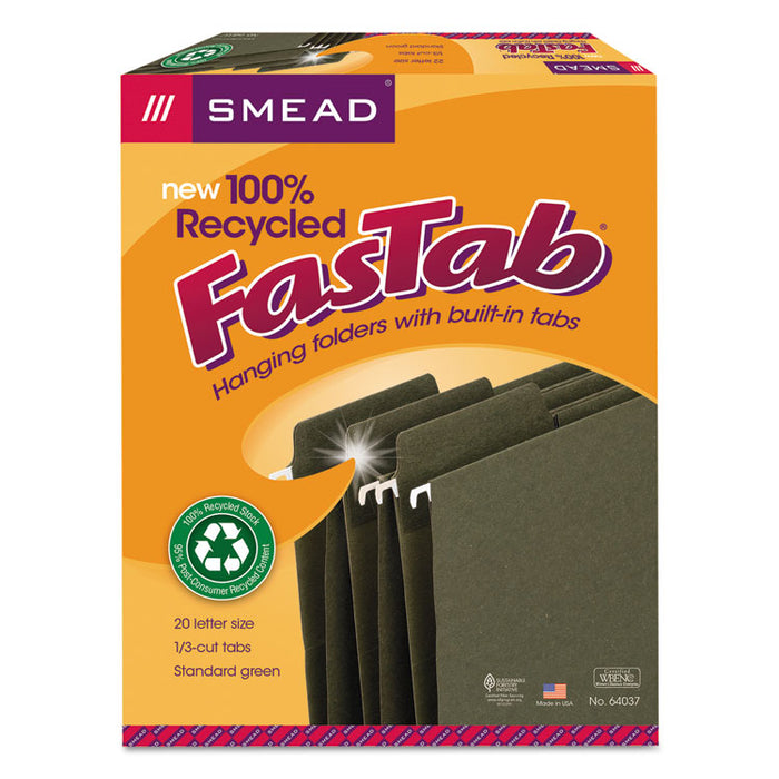 FasTab Hanging Folders, Letter Size, 1/3-Cut Tabs, Standard Green, 20/Box