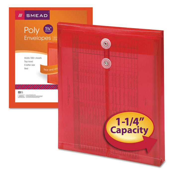 Poly String and Button Interoffice Envelopes, Open-End (Vertical), 9.75 x 11.63, Transparent Red, 5/Pack