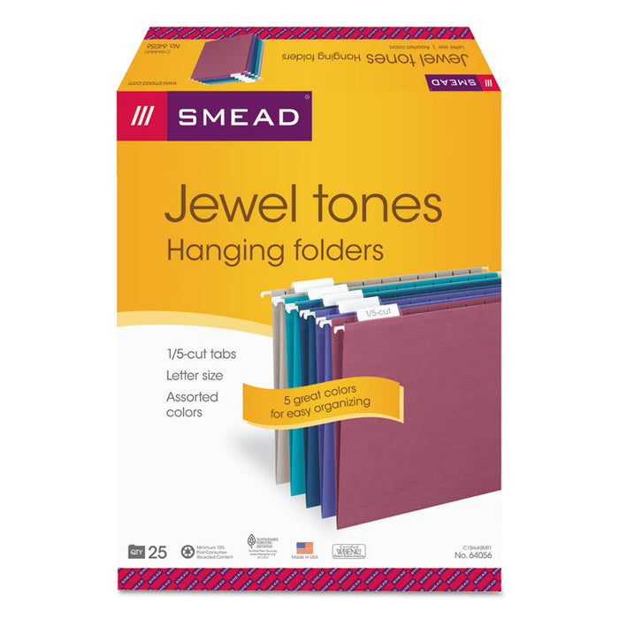 Colored Hanging File Folders with 1/5 Cut Tabs, Letter Size, 1/5-Cut Tabs, Assorted Jewel Tone Colors, 25/Box