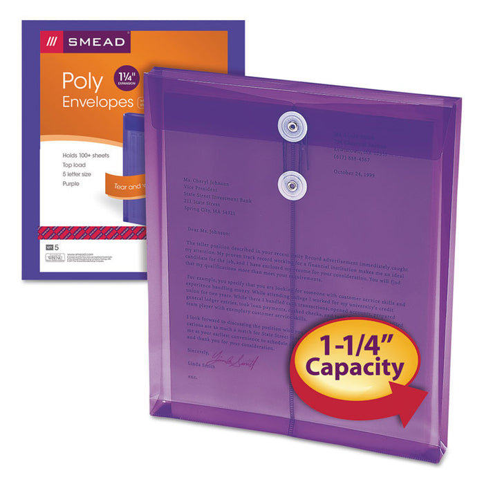Poly String and Button Interoffice Envelopes, Open-End (Vertical), 9.75 x 11.63, Transparent Purple, 5/Pack