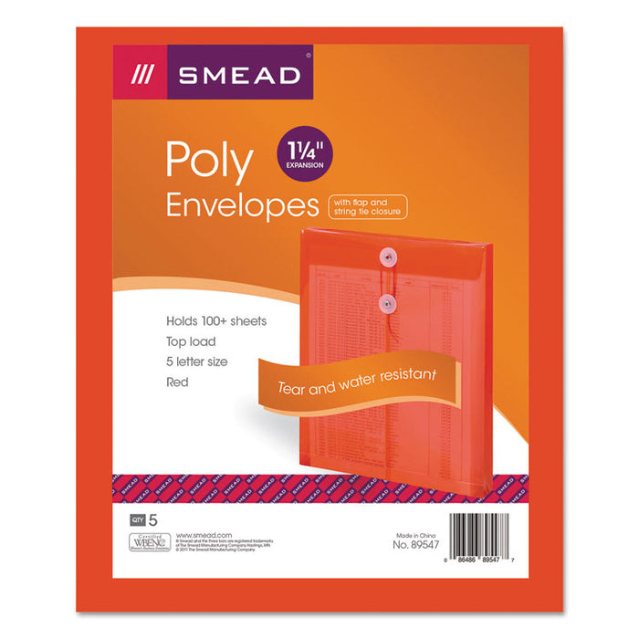 Poly String and Button Interoffice Envelopes, Open-End (Vertical), 9.75 x 11.63, Transparent Red, 5/Pack