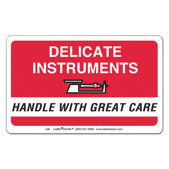 Shipping and Handling Self-Adhesive Labels, DELICATE INSTRUMENTS, HANDLE WITH CARE, 2.25 x 4, Red/White, 500/Roll